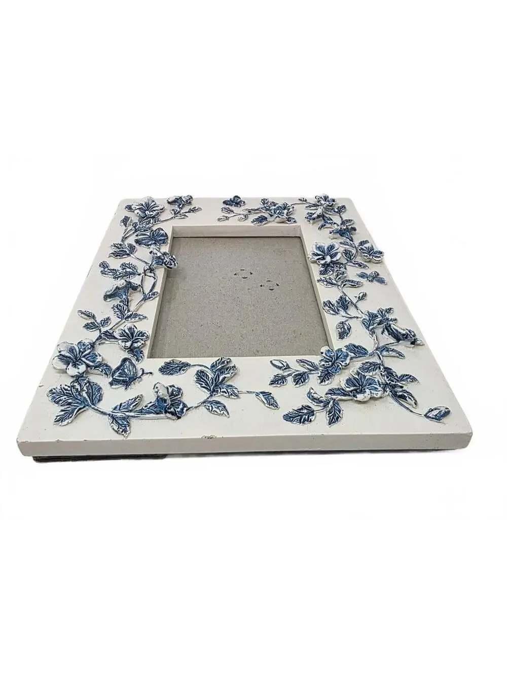 Vintage Blue White Floral Butterfly Resin Frame 3.5x5 Cottagecore